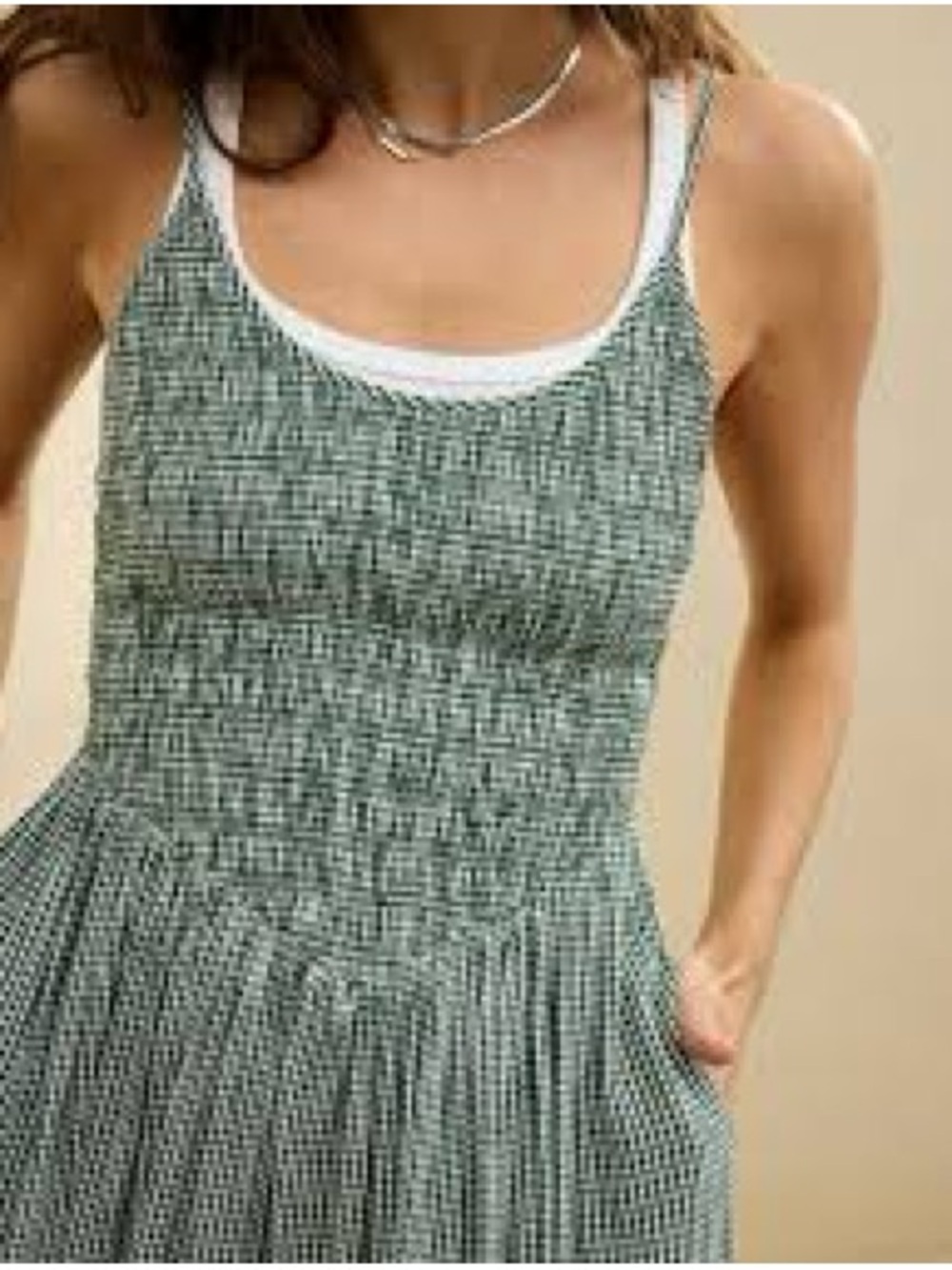 aerie Green Smocked Midi Dress with Gingham Texture - Picture 2 of 3